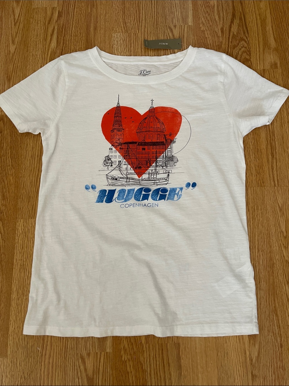 J. Crew White Tee with Red Heart and Blue 'HYGGE' Graphic